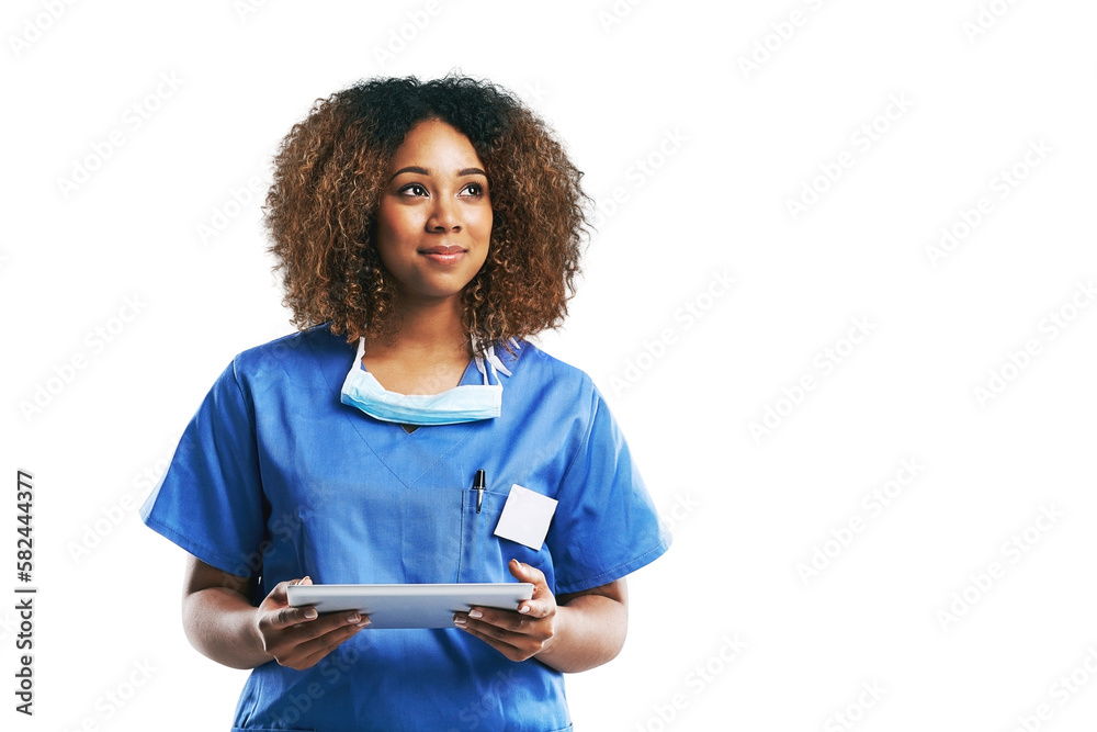 Nurse, healthcare and black woman with tablet idea. Technology, wellness and thinking female medical