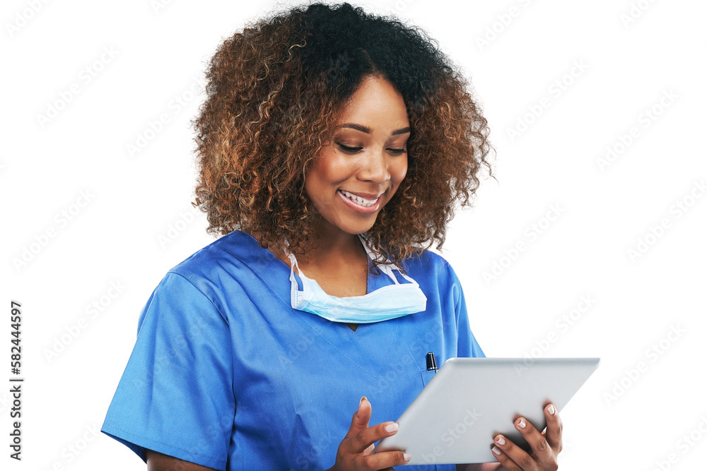 Doctor black woman, tablet and communication, smile or focus on healthcare research. Isolated nurse,