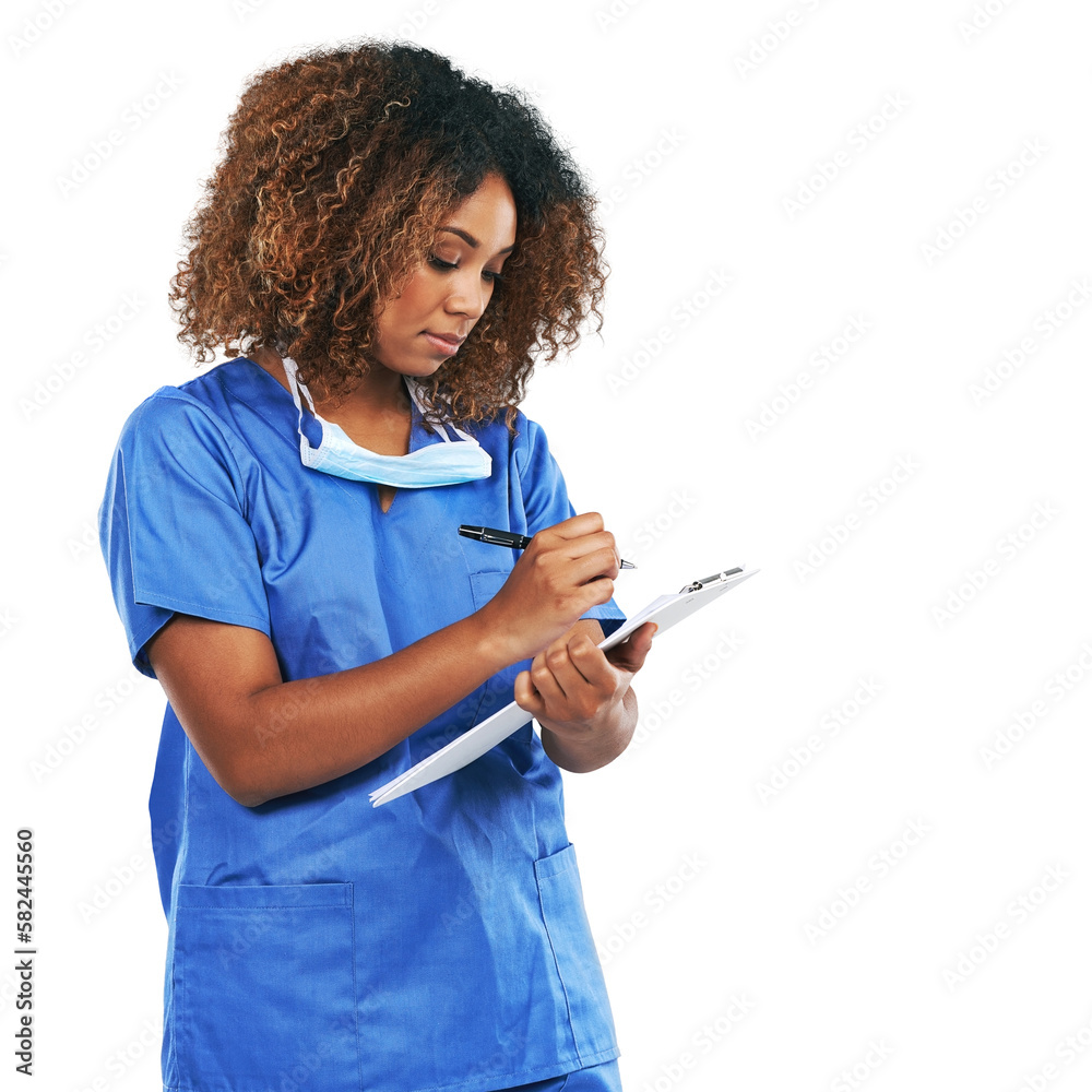 Healthcare, clipboard and mockup with a nurse black woman writing. Medical, documents and insurance 