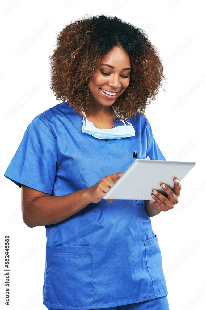 Doctor, black woman and tablet with focus, smile and research for healthcare problem. Isolated nurse