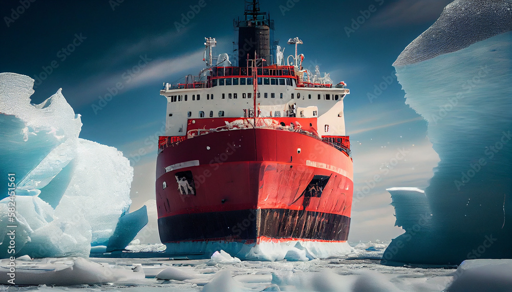 Red icebreaker in the middle of Arctic ocean