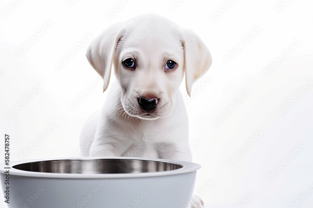 White backdrop with a cute lab puppy dog sitting in a feeding bowl. Generative AI