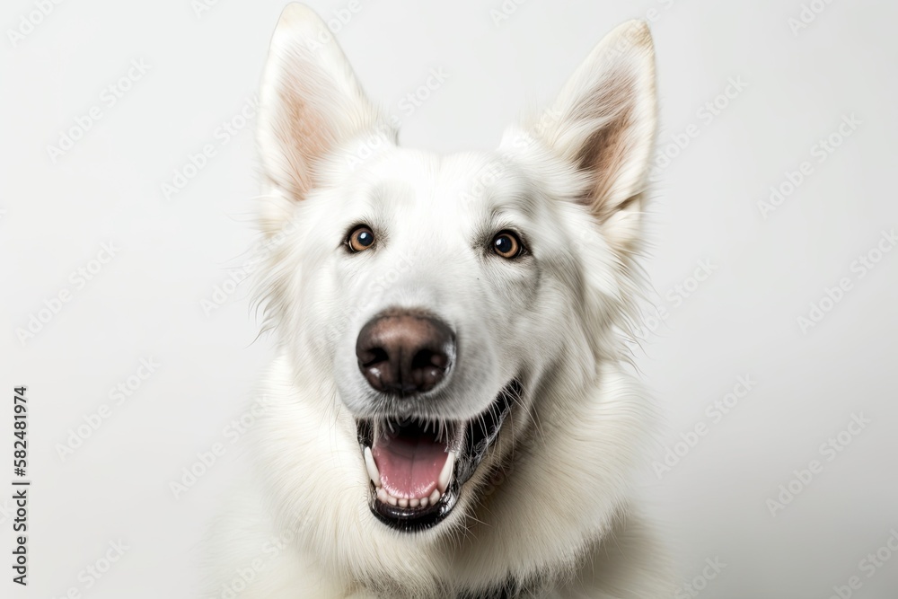 happy headshot of a white Swiss Shepherd dog against a white background. Generative AI