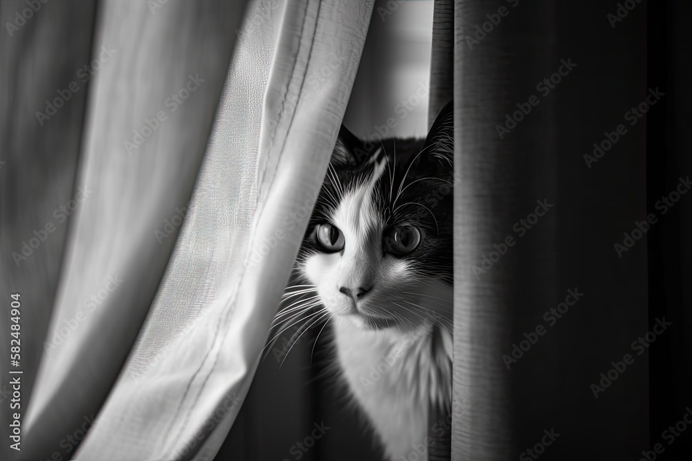 Behind the window curtain, in front of the window, is a black and white cat. Generative AI