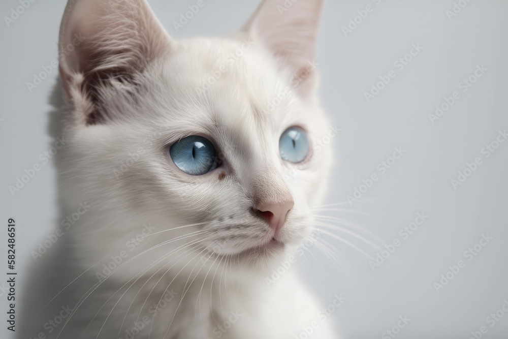 White kitten with blue eyes in a studio photograph on a white background. turning the head. Generati