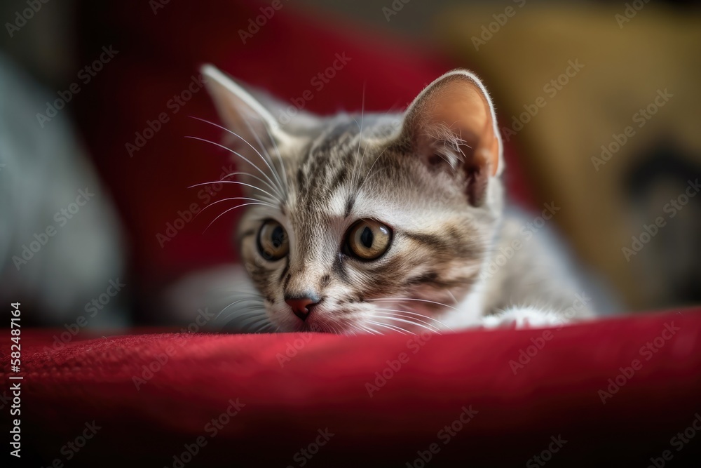 a cat from Singapore and a mouse on a red sofa. the worlds tiniest breed of cat. Generative AI