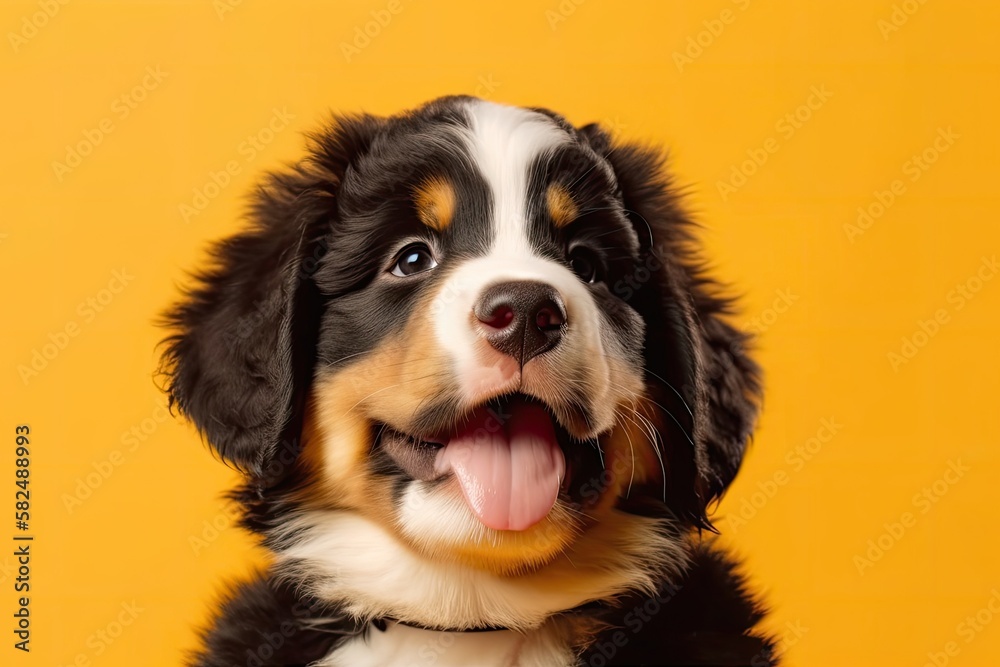 Posing Berner Sennenhund puppy. On a yellow background, a cute puppy or other pet is playing. appear