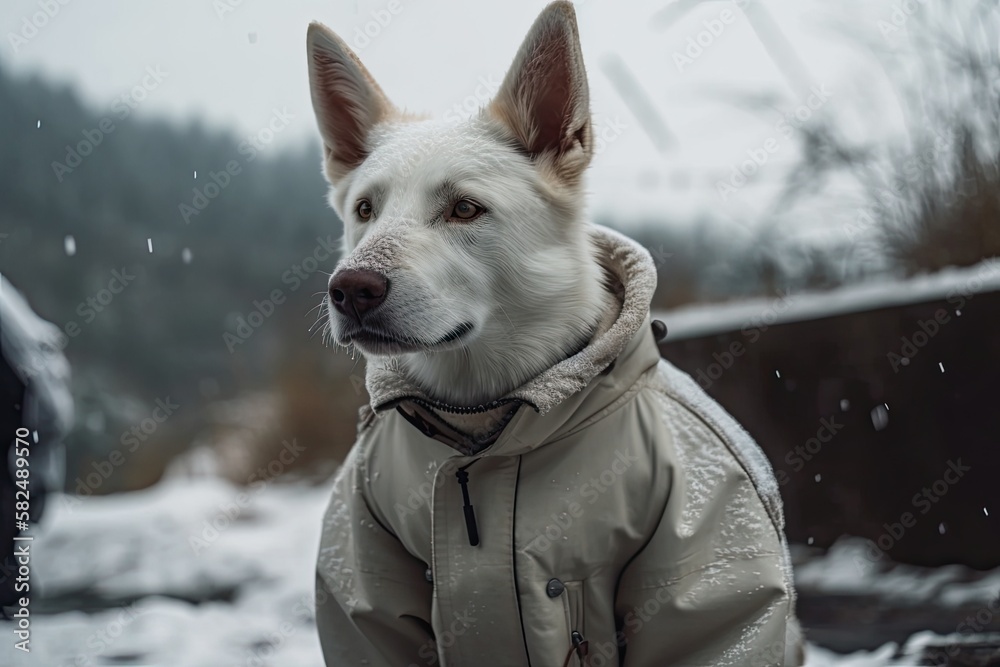 White Swiss Shepherd Dog with Jacket, Happy Cute in Winter Snow. Generative AI