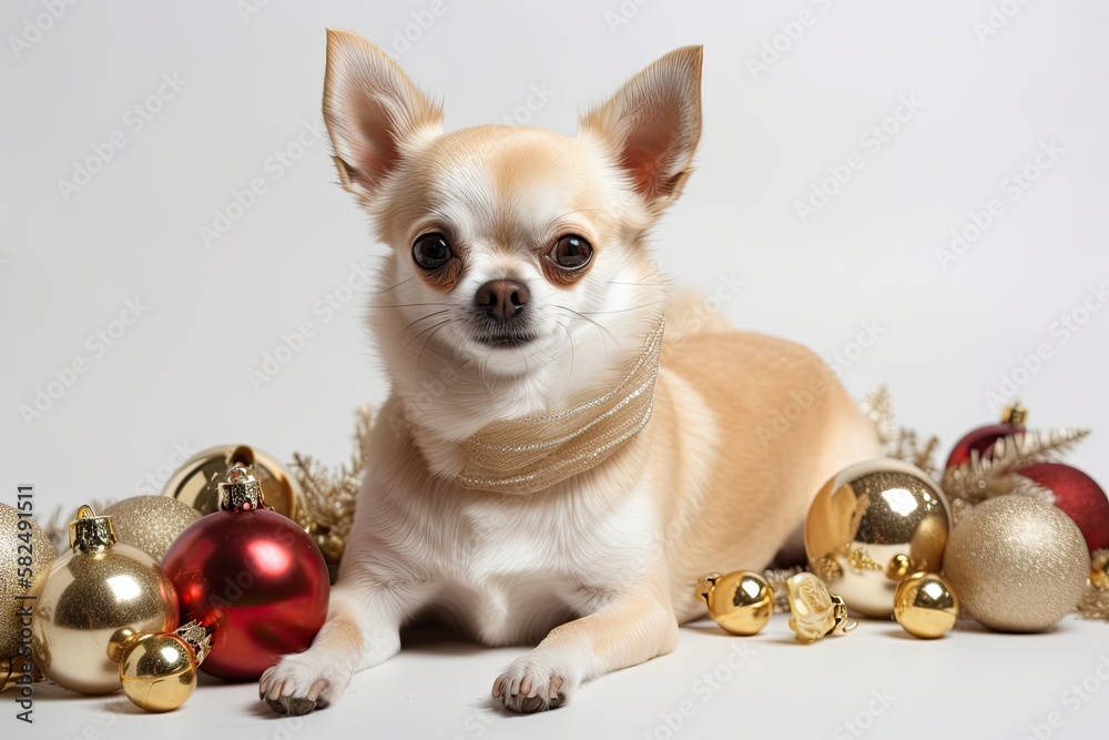 On a white background, a lovely chihuahua is shown with Christmas ornaments. Generative AI