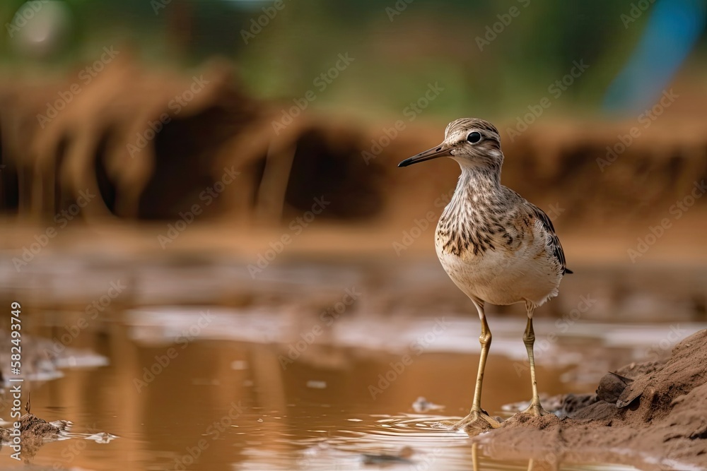 Sandpiper standing on a salt farm in Thailands Phetchaburi province. Generative AI