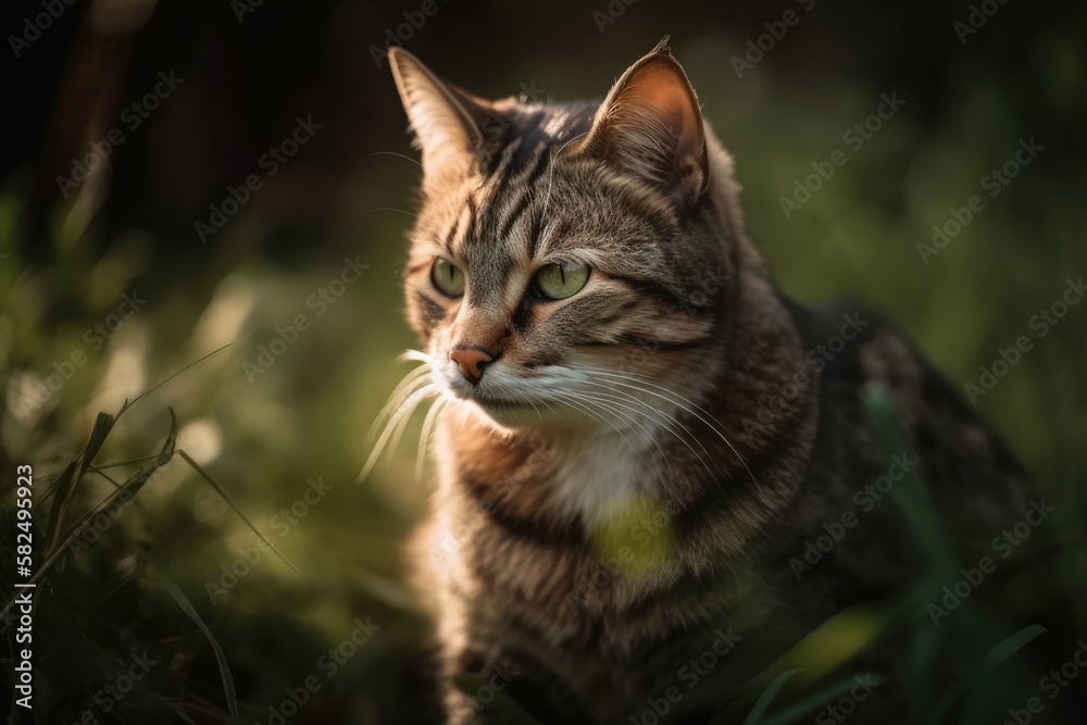 Beautiful cat in a sunny daytime photo against green grass. Generative AI