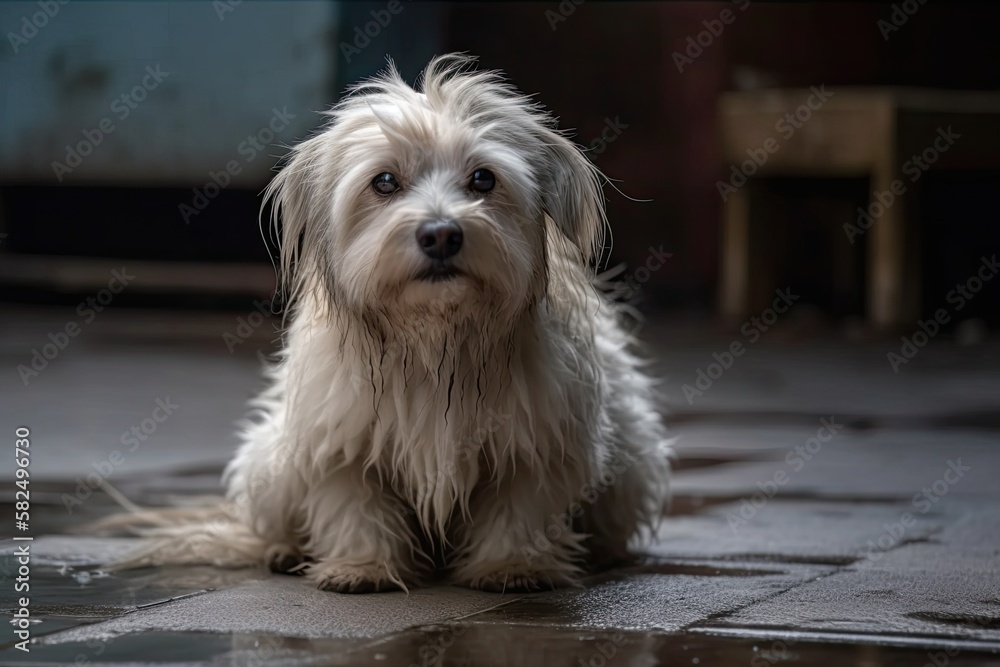 Cute young crossbreed dog with white long hair standing on garage floor and displaying a dejected ex