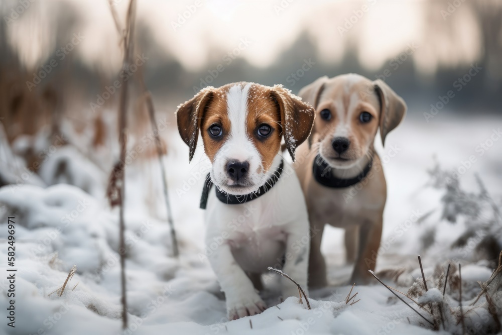 adorable jack russell and beagle puppies in the great outdoors. Playing and jumping dogs in the snow