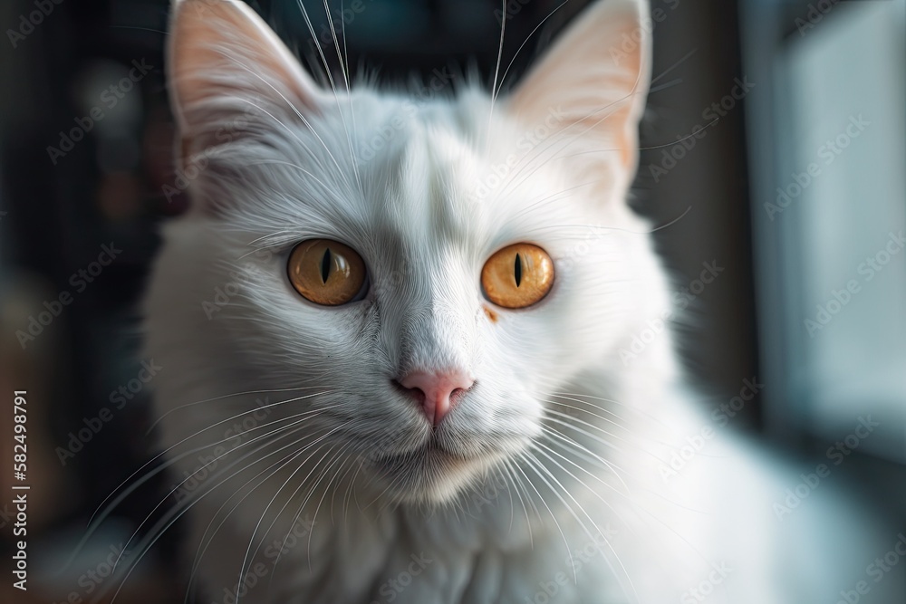 a picture of a white cat with yellow eyes that is focused on the camera. Generative AI