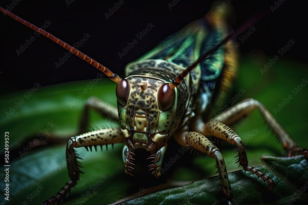 grasshopper insect on a clean background of a green leaf. Generative AI