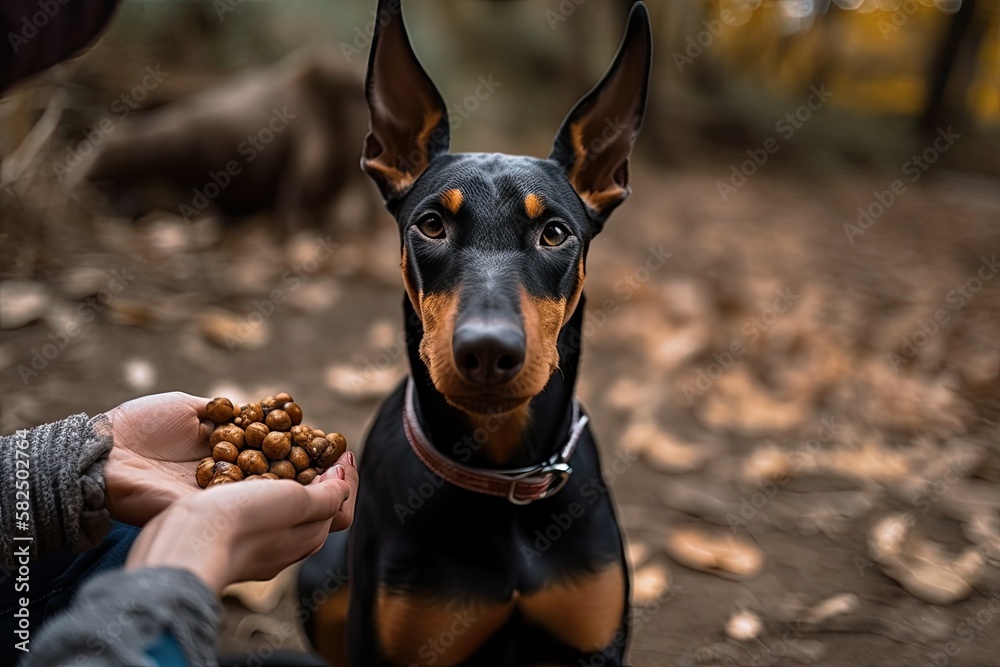 Doberman dog snatches food from the mistresss hand. Generative AI