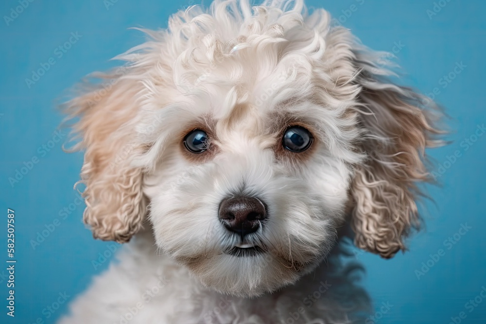 Maltipoo against a blue backdrop. Curly dog in the photography studio. Maltese, poodle. Generative A