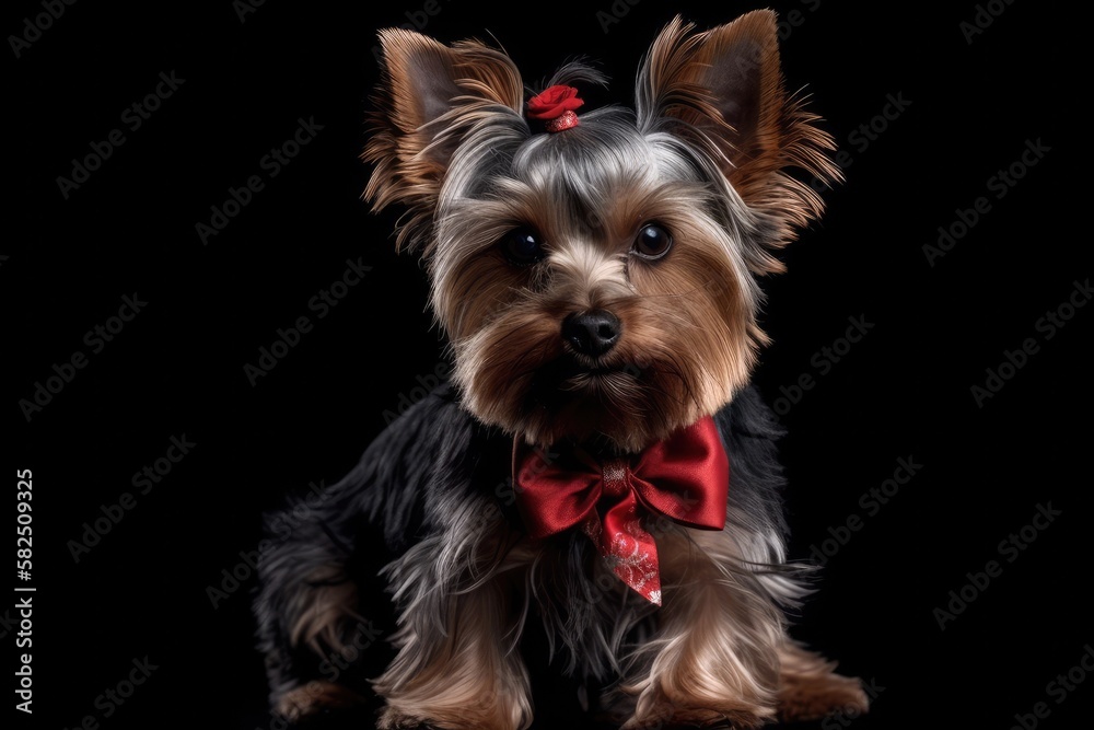 On a black background, a cute Yorkshire terrier with a red ribbon and rose. Generative AI