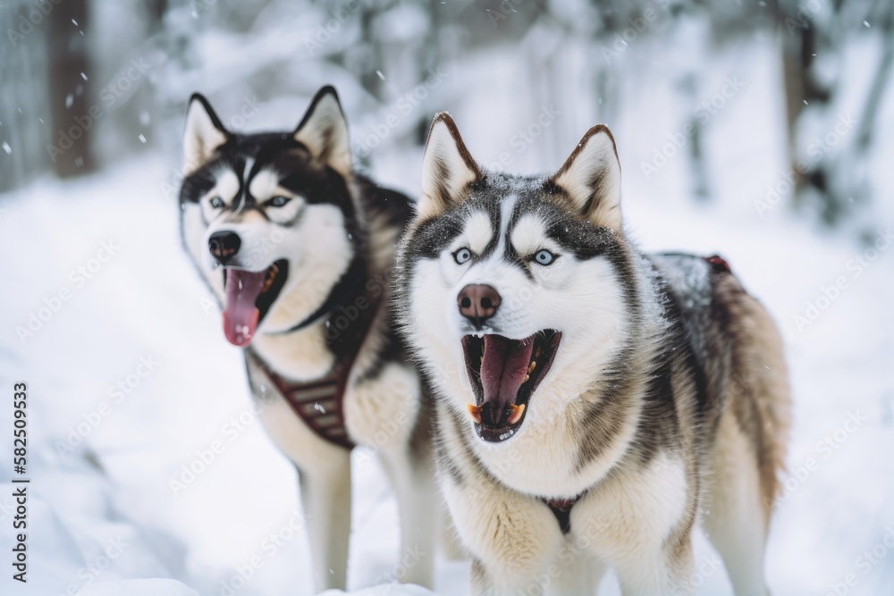 Husky dogs having fun in the snow. Winter games involving barking and biting Siberian huskies. Viole