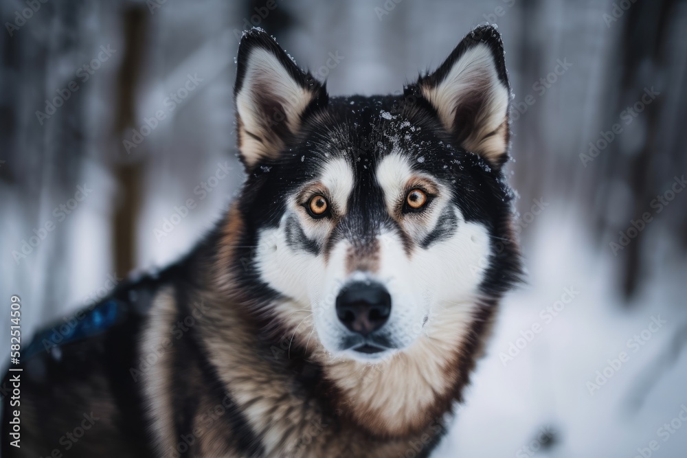 Full length portrait of a handsome half breed with black hair. Doggy is adorable. Alaskan Husky sled