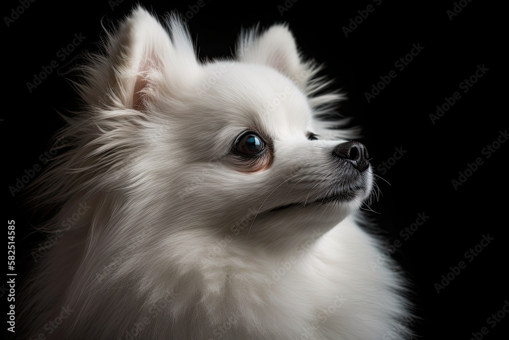 A white Pomeranian puppys muzzle looks closely at the side with its eyes closed while sporting stun