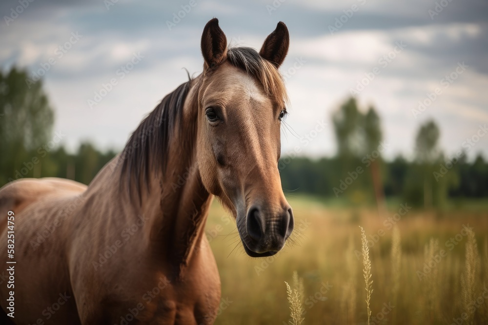 A purebred horse in a rural, Russian pasture with other animals. Generative AI