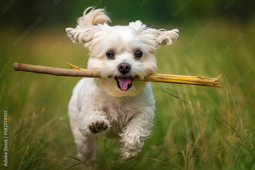 On the lush grass, a small dog is pulling a stick. Generative AI