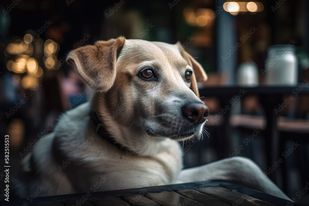 Dog relaxing in a restaurant. Generative AI