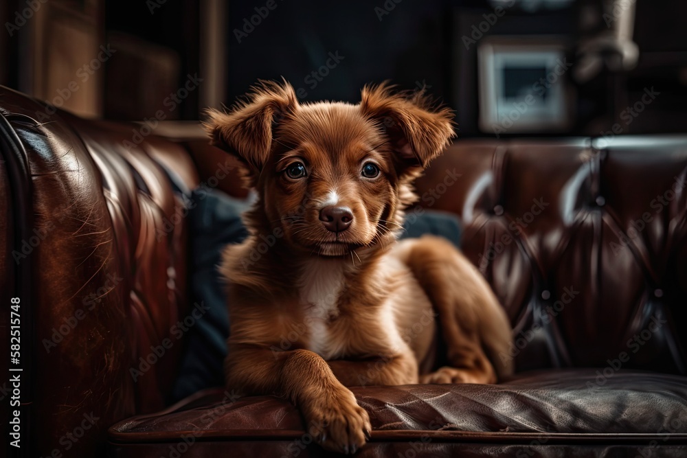 A lovely small puppy with red hair is lying on the couch. superior photograph. Generative AI