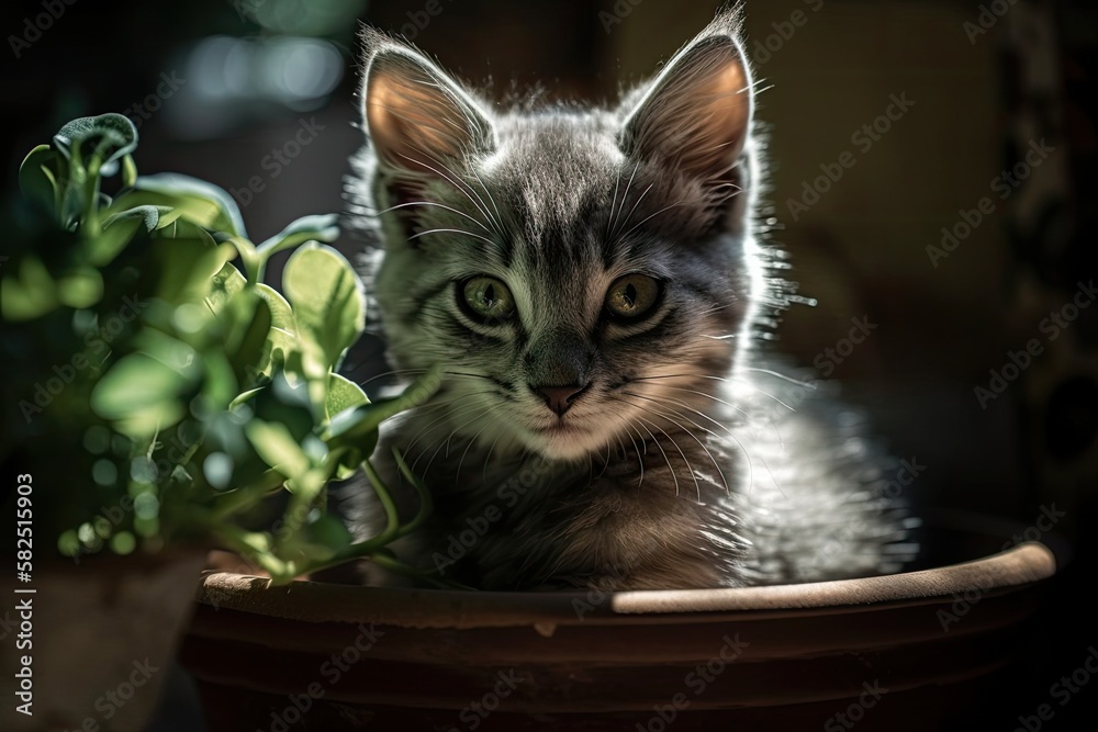 Backlit angry expression A little grey kitten sits in a green bowl surrounded by potted plants. Gene