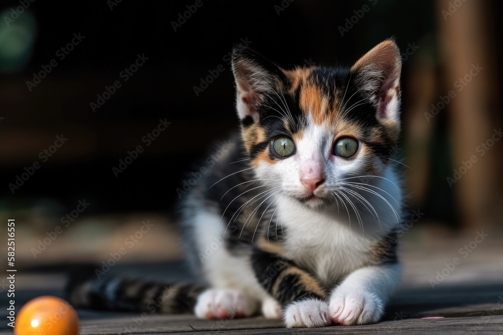 Little tricolored kitten plays with a ball. Generative AI