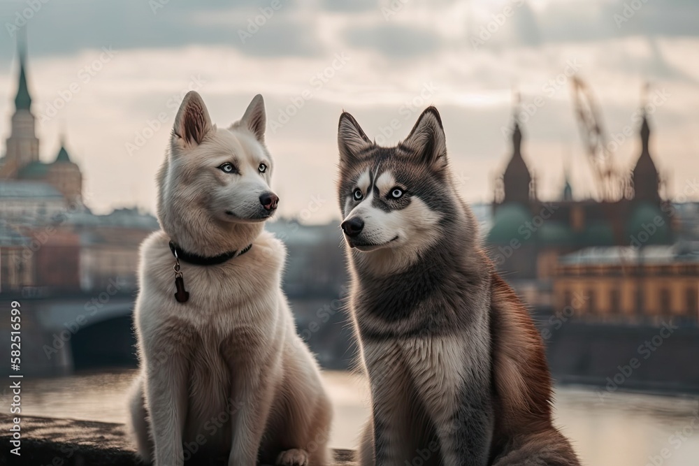 Neva masquerade, cat and dog together, siberian husky looking straight with city in the backdrop. pe