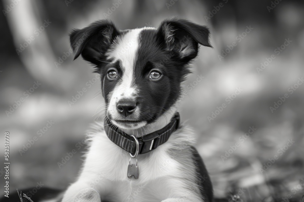 A black and white puppy is seated with a collar on it and is looking at the camera. Generative AI