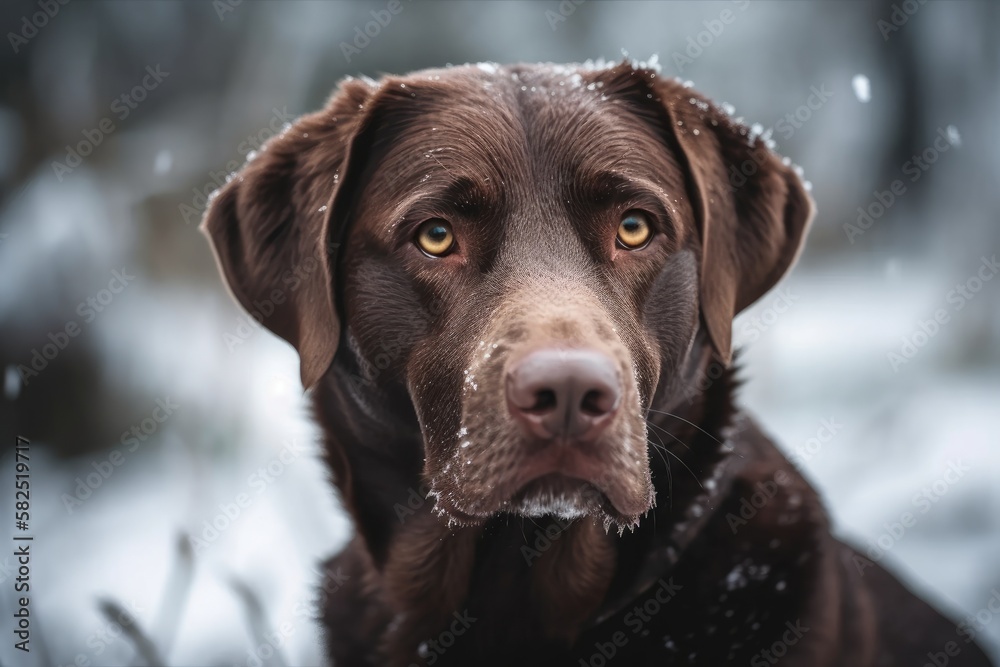 Beautiful chocolate labrador retriever posed for a portrait outside in the cold. In the snow, a labr