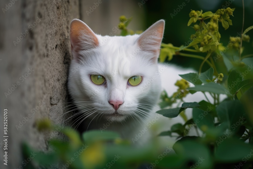 peeping out from the wall is a white cat. Generative AI