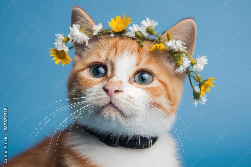 On a blue background with camomile, a sweet tiny brown and white kitten is depicted. Generative AI