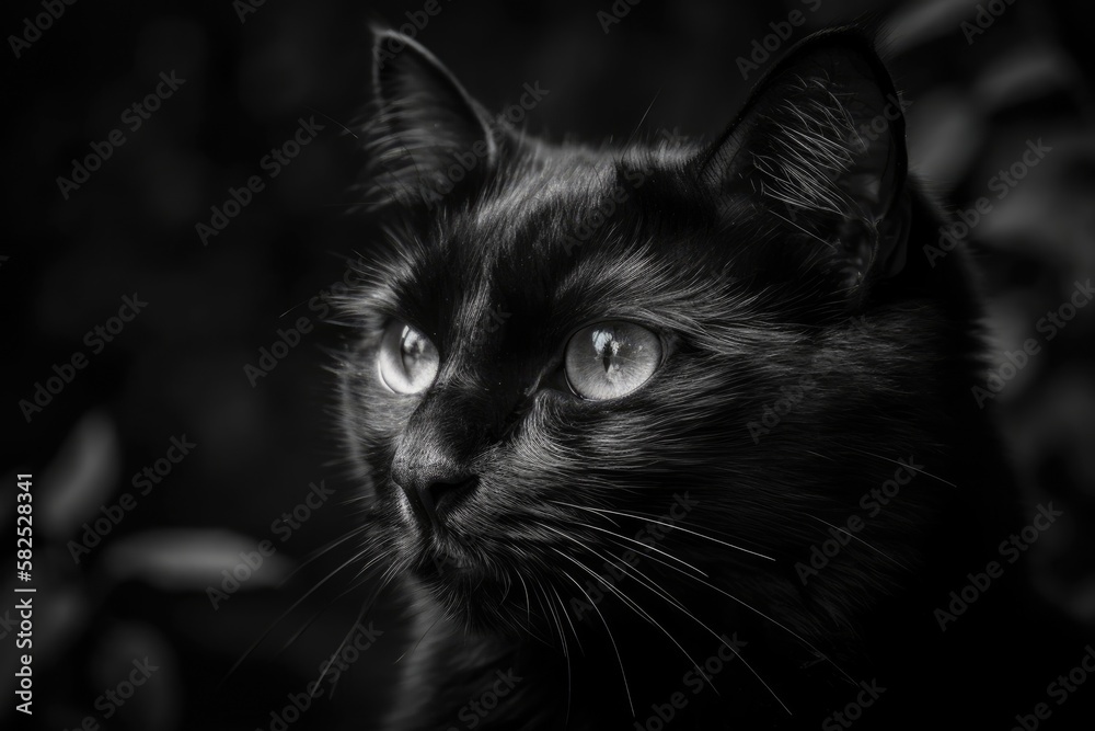 A monochrome photograph of a black cat. Generative AI