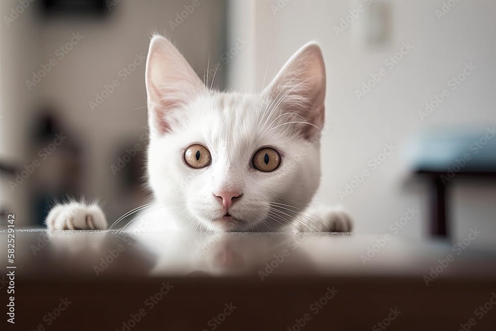 From behind a white table, a young cat peers out with its gaze fixed on the camera. Particularly the