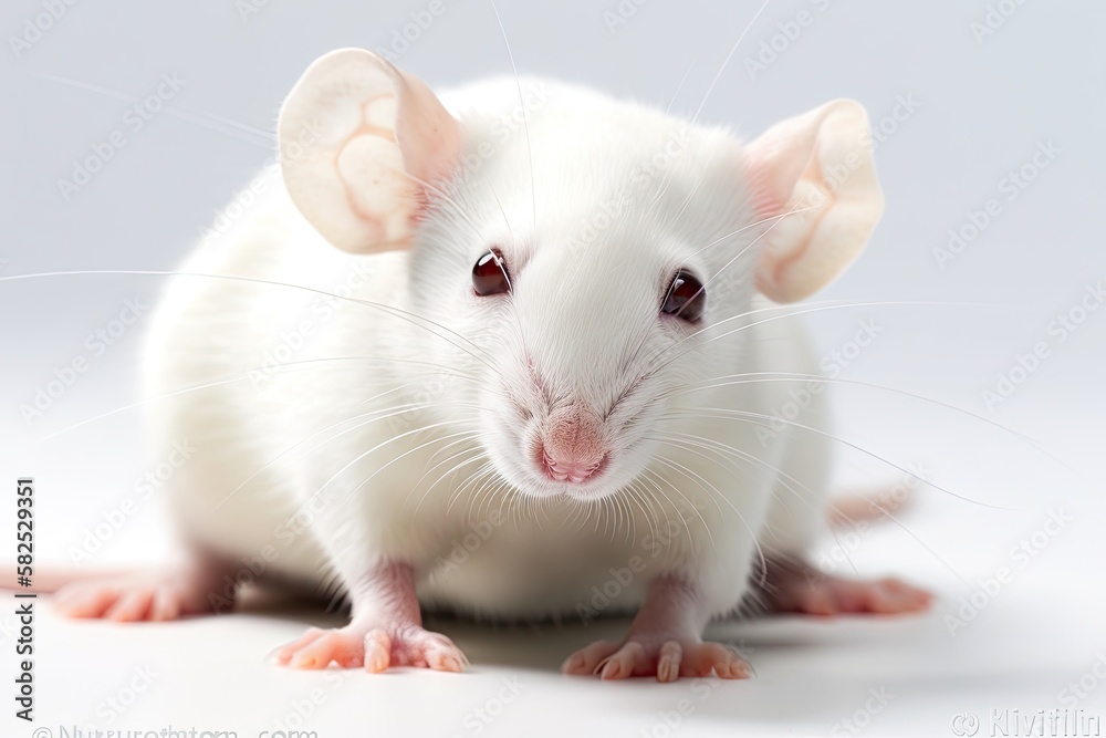 close up of an albino white lab mouse against a white background. Generative AI