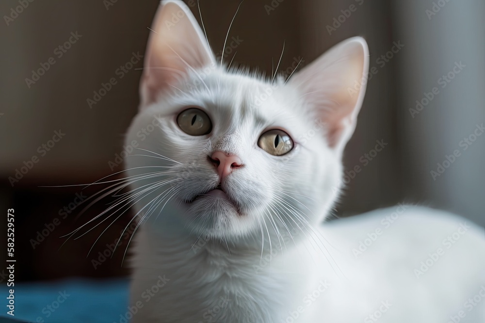 funny kitten from the UK. Scottish breed pets. Beautiful tiny white cat in home portrait. Generative