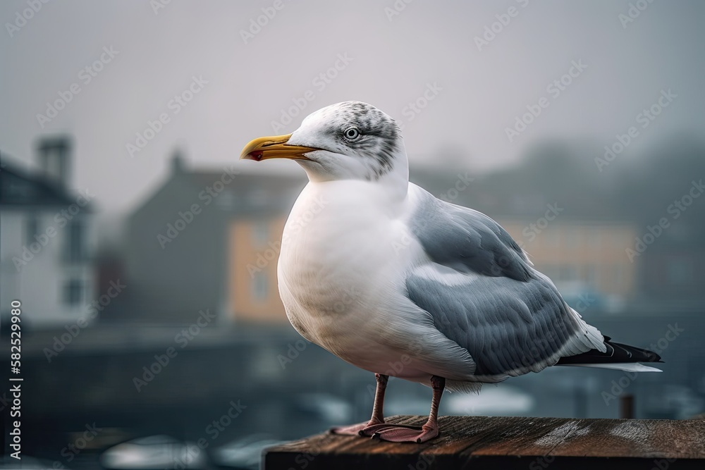 Portrait of a seagull against a foggy sky. A close up of a white seagull perched on a wooden perch. 