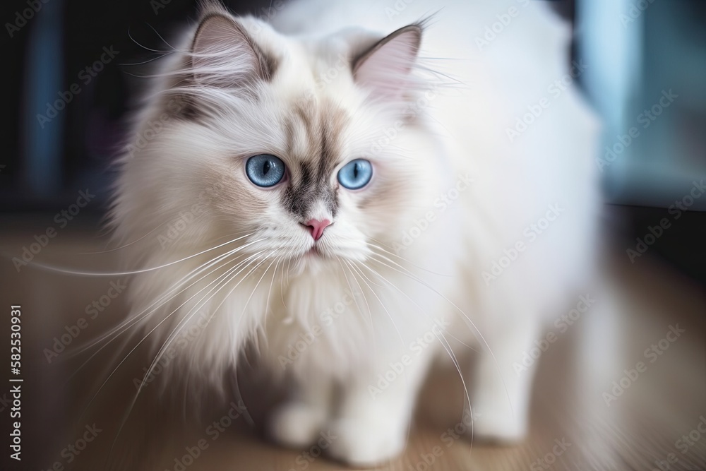 Beautiful fluffy white ragdoll cat standing on the floor in a brightly lit environment with blue eye