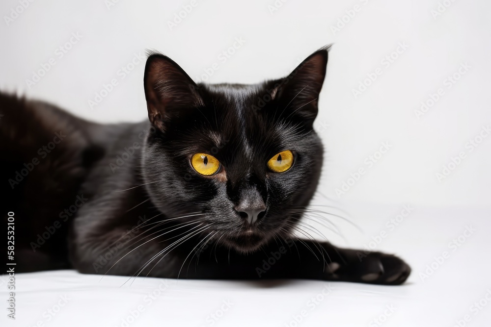 Adorable black cat lying alone on white background. Generative AI