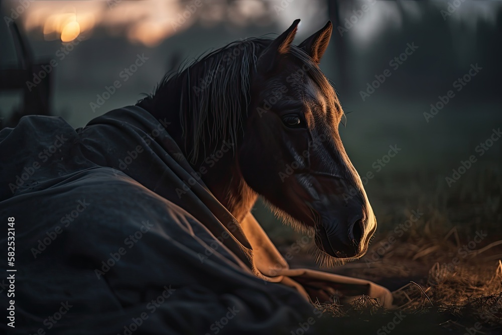 Young Sitting horse awakening in the wee hours of the morning. Generative AI