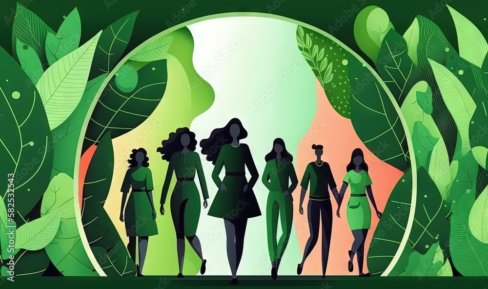  a group of women walking through a forest filled with green plants and leaves, with a green circle 