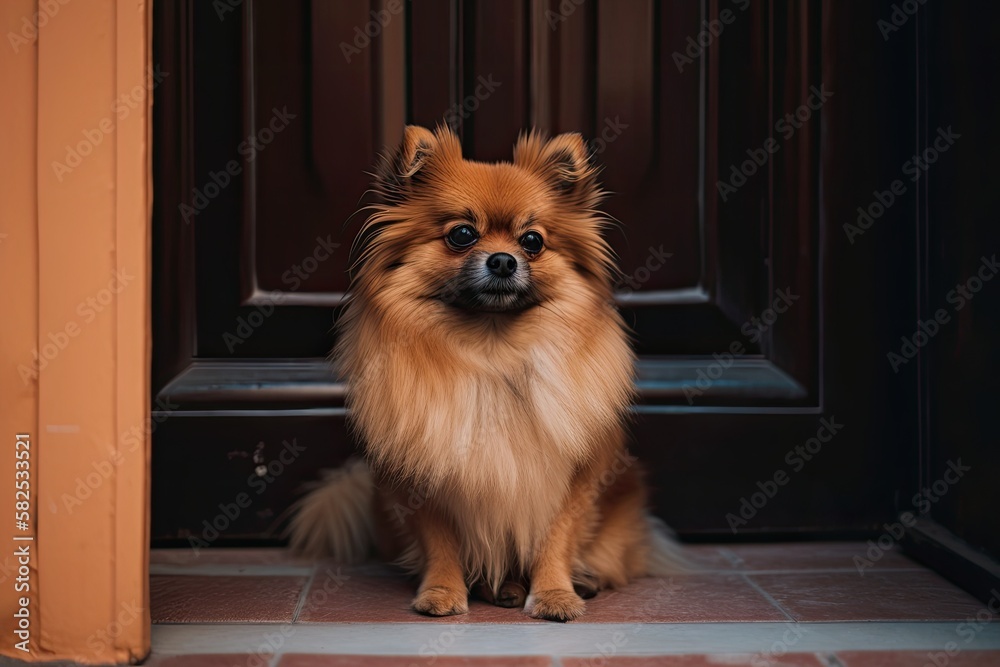 Cute dog with long hair in front of the door. Generative AI