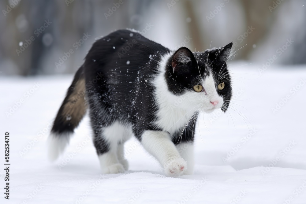 Walking in the snow is a young, lively, black and white cat. Generative AI