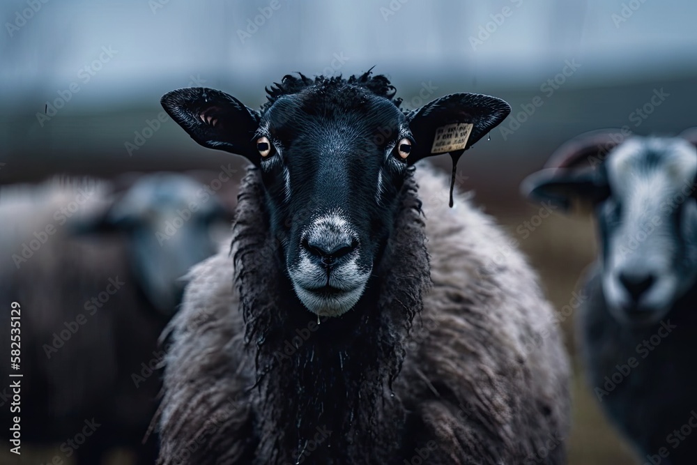 Beautiful British sheep and lambs with big horns in close up photographs. Generative AI