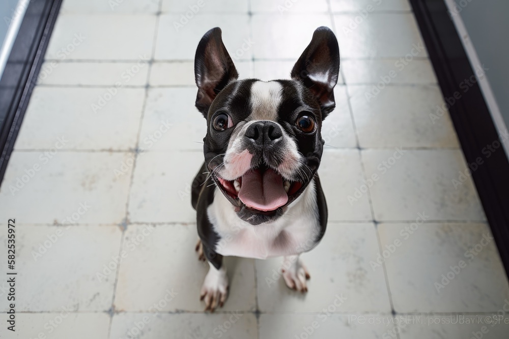 Boston terrier standing on a neutral floor and staring up at the camera. The dogs black and white f