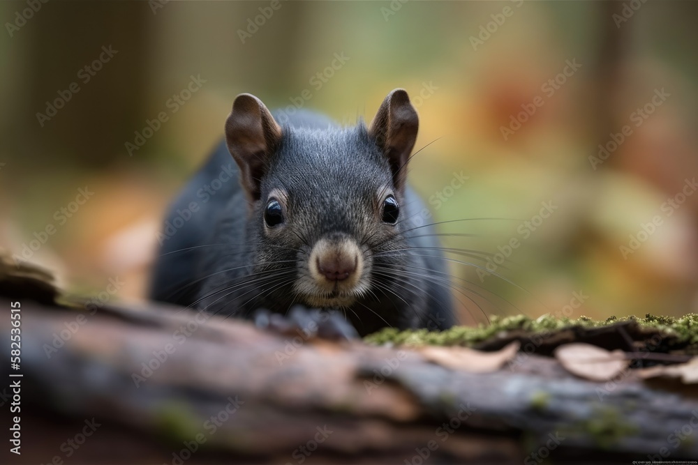 A rare, adorable Black Squirrel (Scirius carolinensis) looks from a log in a UK woodland. Generative